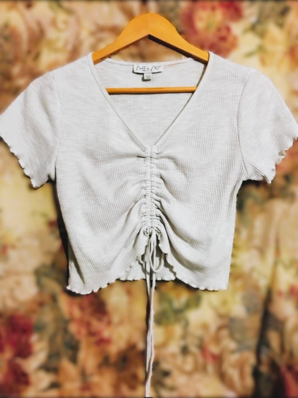 She + Sky White Ruched V-Neck Crop Top
